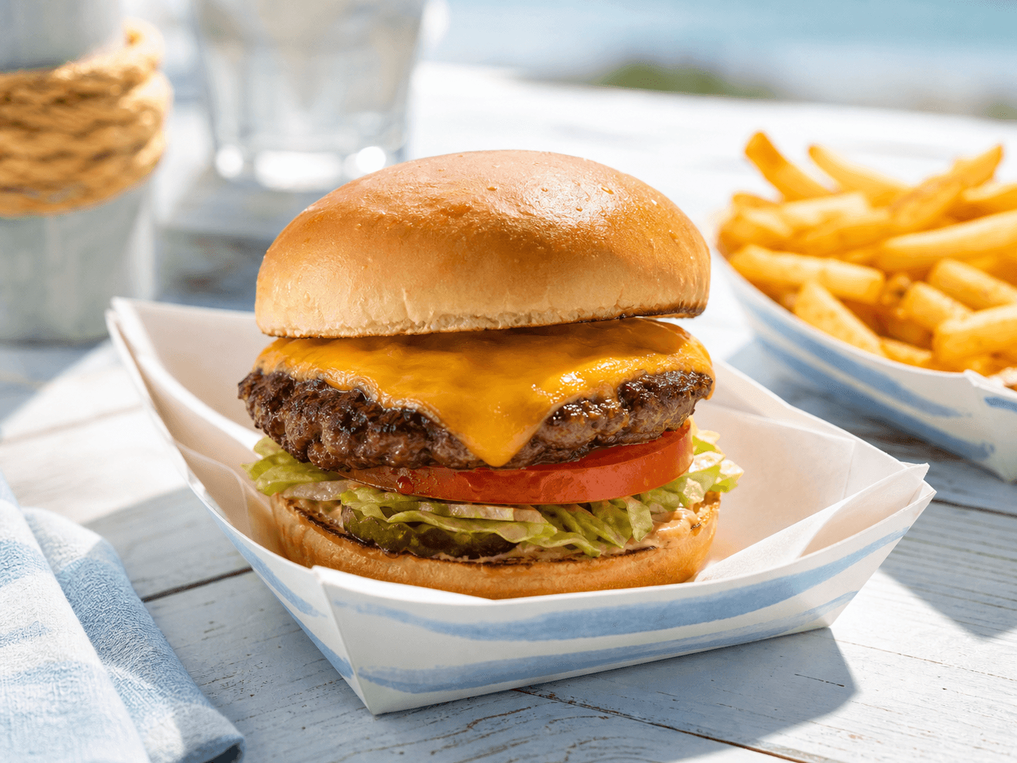 The Luca Burger served beachside with fries